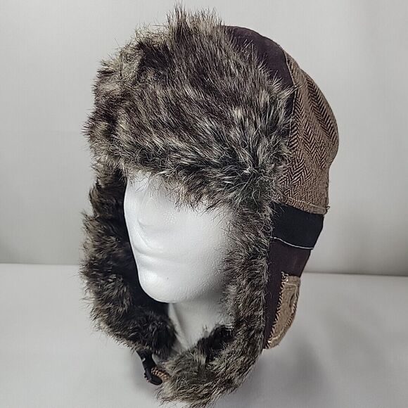 Earth Ragz Trapper Hat Brown Patchwork Faux Fur Ear Flaps Hunting Aviator Winter - Picture 6 of 12